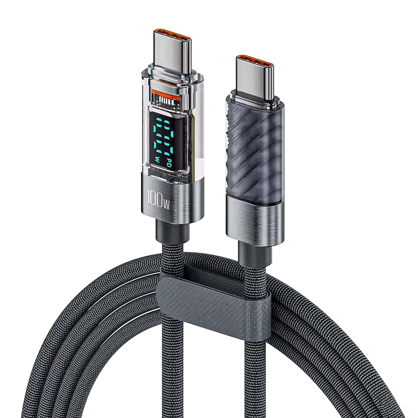 Cablu de Incarcare si Transfer de Date, Timebox, Fast Charge 100W, Display Digital, 2m, Nylon, USB-C la Type-C, Compatibil iPhone 15, Macbook, Android, Samsung, Huawei, Macbook, Xiaomi, Gri - 221.ro