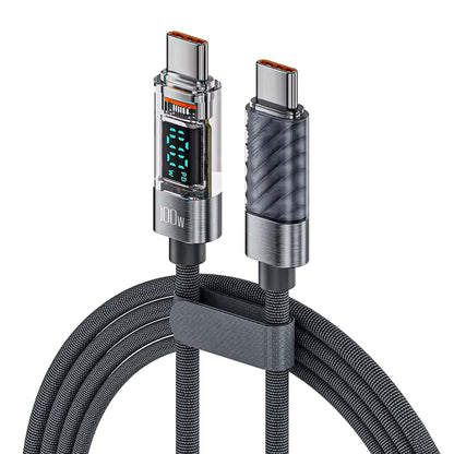 Cablu de Incarcare si Transfer de Date, Timebox, Fast Charge 100W, Display Digital, 2m, Nylon, USB-C la Type-C, Compatibil iPhone 15, Macbook, Android, Samsung, Huawei, Macbook, Xiaomi, Gri - 221.ro