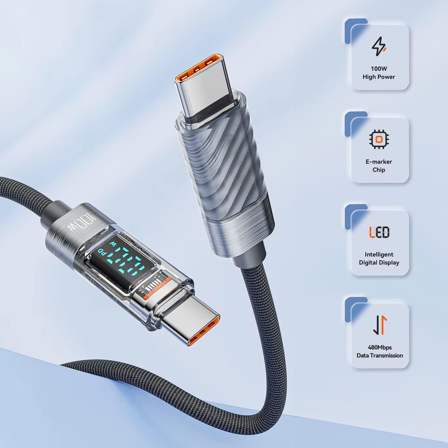 Cablu de Incarcare si Transfer de Date, Timebox, Fast Charge 100W, Display Digital, 2m, Nylon, USB-C la Type-C, Compatibil iPhone 15, Macbook, Android, Samsung, Huawei, Macbook, Xiaomi, Gri - 221.ro