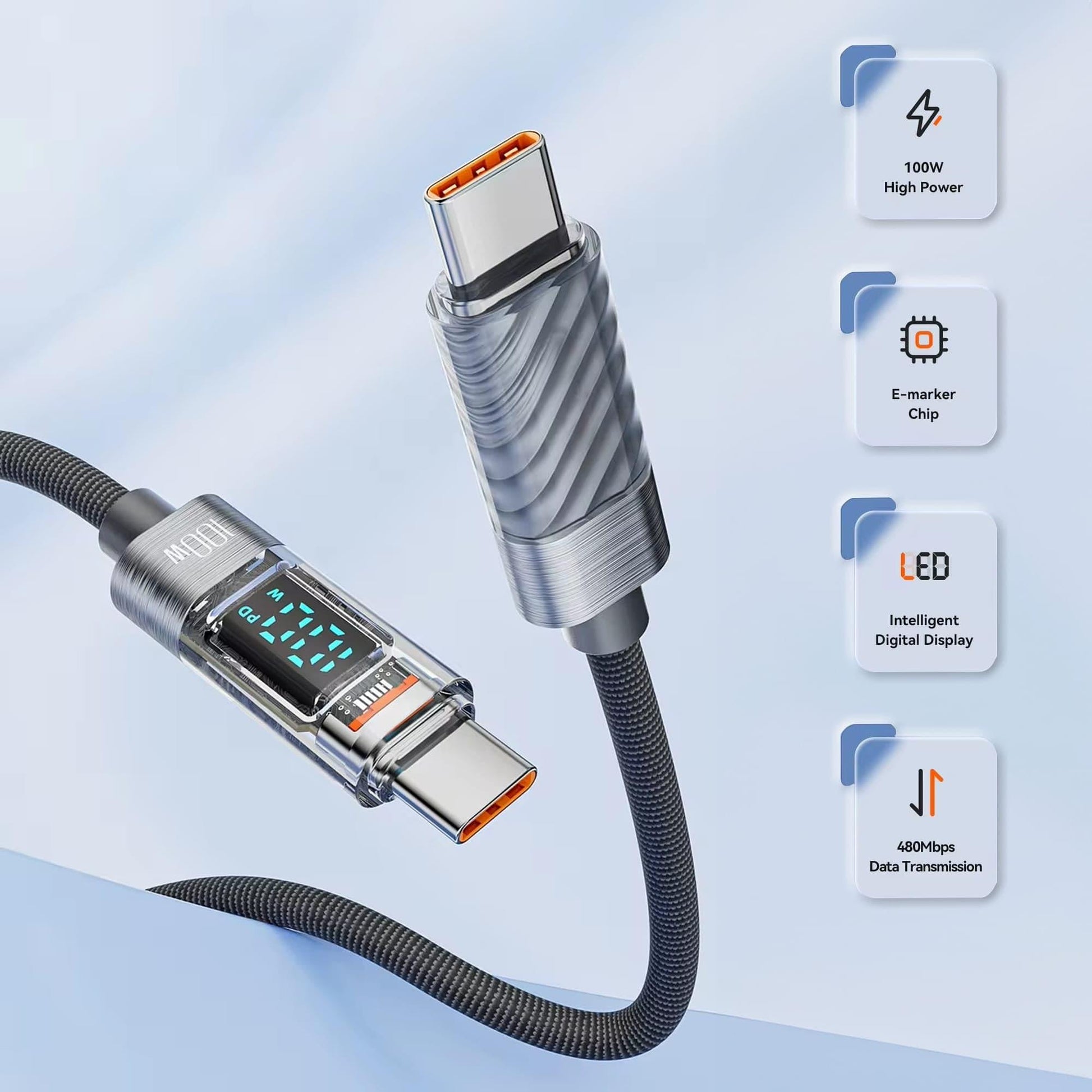 Cablu de Incarcare si Transfer de Date, Timebox, Fast Charge 100W, Display Digital, 2m, Nylon, USB-C la Type-C, Compatibil iPhone 15, Macbook, Android, Samsung, Huawei, Macbook, Xiaomi, Gri - 221.ro