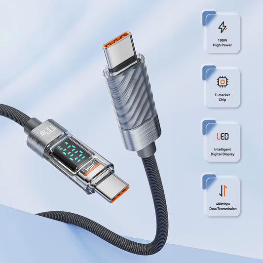 Cablu de Incarcare si Transfer de Date, Timebox, Fast Charge 100W, Display Digital, 2m, Nylon, USB-C la Type-C, Compatibil iPhone 15, Macbook, Android, Samsung, Huawei, Macbook, Xiaomi, Gri - 221.ro