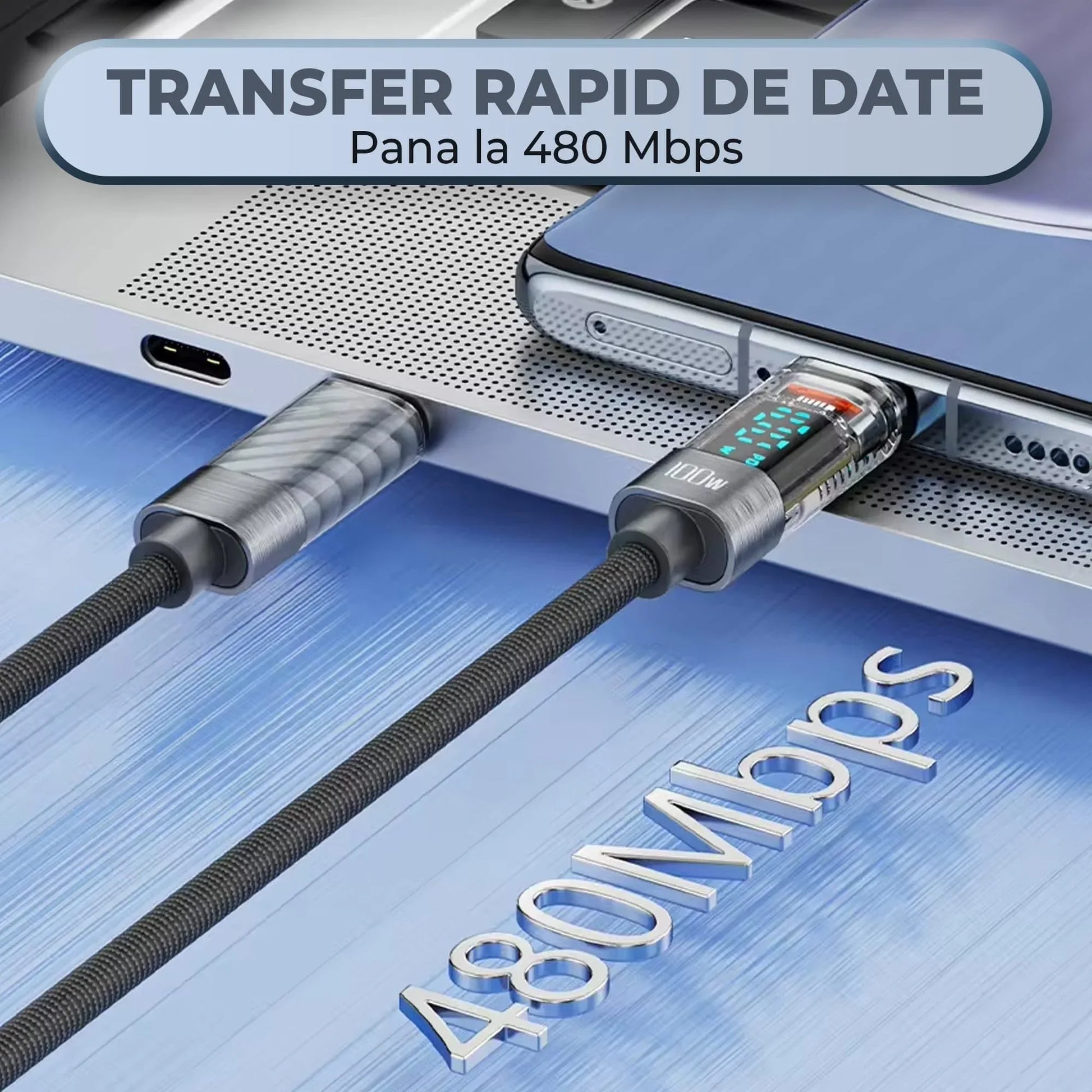 Cablu de Incarcare si Transfer de Date, Timebox, Fast Charge 100W, Display Digital, 2m, Nylon, USB-C la Type-C, Compatibil iPhone 15, Macbook, Android, Samsung, Huawei, Macbook, Xiaomi, Gri - 221.ro