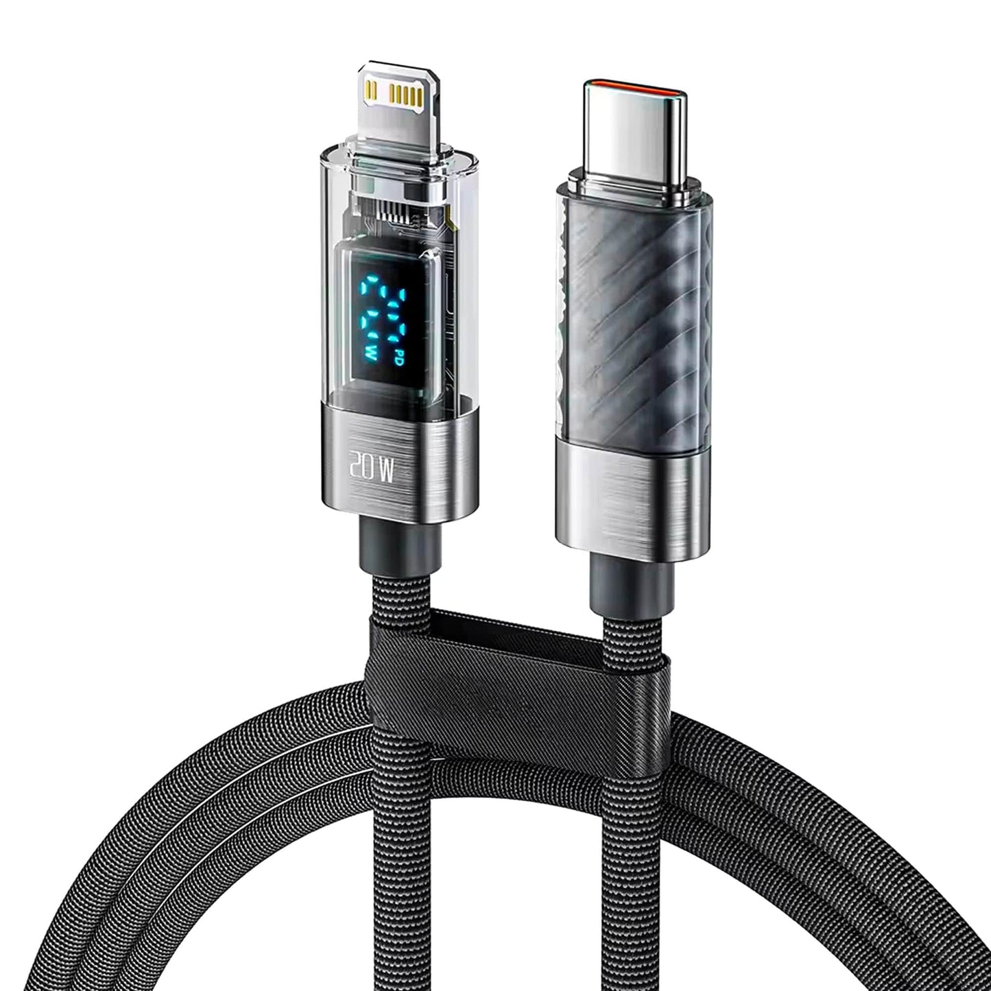 Cablu de Incarcare si Transfer de Date, Timebox, Fast Charge 20W, Display Digital, 2m, Nylon, USB-C la Lightning, Gri - 221.ro