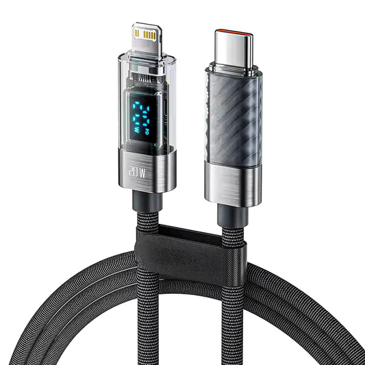 Cablu de Incarcare si Transfer de Date, Timebox, Fast Charge 20W, Display Digital, 2m, Nylon, USB-C la Lightning, Gri - 221.ro
