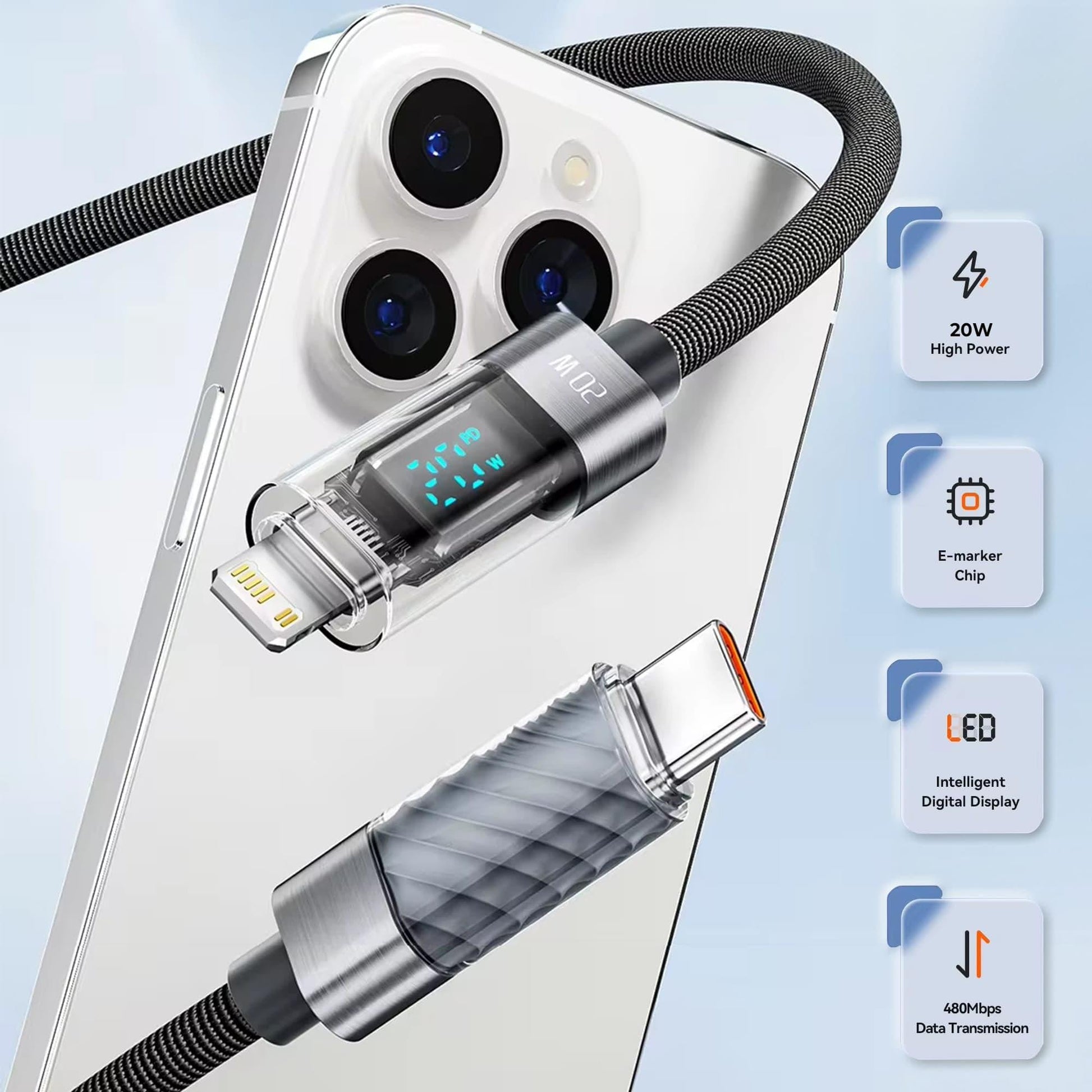 Cablu de Incarcare si Transfer de Date, Timebox, Fast Charge 20W, Display Digital, 2m, Nylon, USB-C la Lightning, Gri - 221.ro