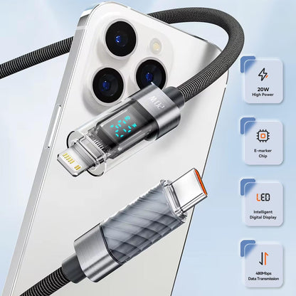 Cablu de Incarcare si Transfer de Date, Timebox, Fast Charge 20W, Display Digital, 2m, Nylon, USB-C la Lightning, Gri - 221.ro