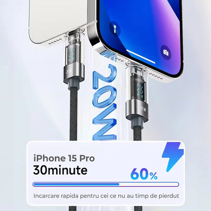 Cablu de Incarcare si Transfer de Date, Timebox, Fast Charge 20W, Display Digital, 2m, Nylon, USB-C la Lightning, Gri - 221.ro