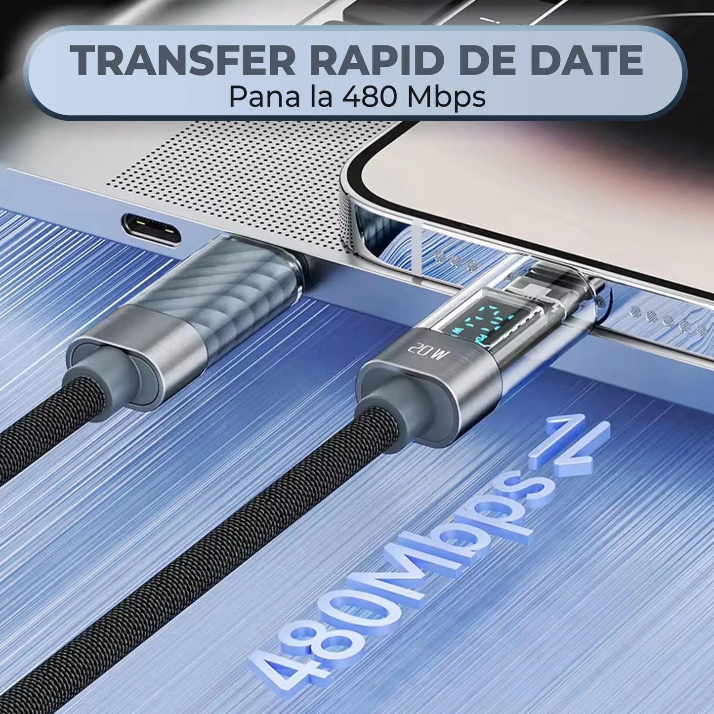 Cablu de Incarcare si Transfer de Date, Timebox, Fast Charge 20W, Display Digital, 2m, Nylon, USB-C la Lightning, Gri - 221.ro