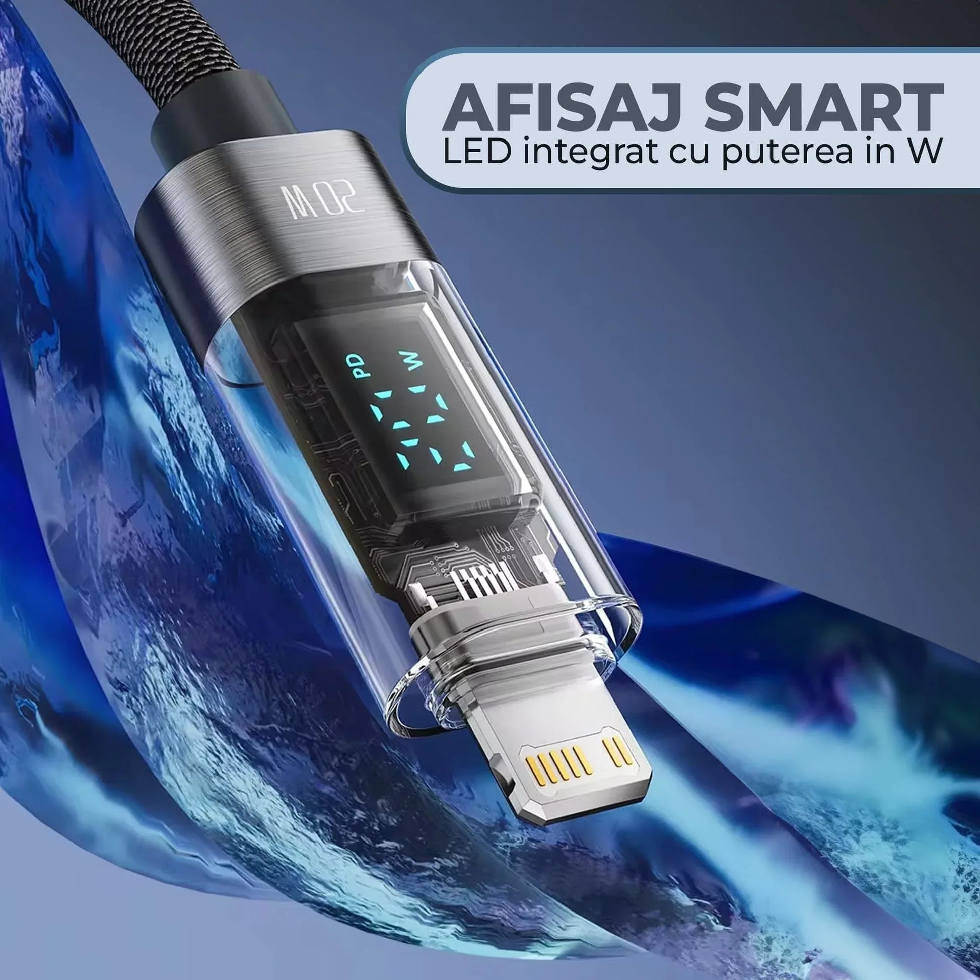 Cablu de Incarcare si Transfer de Date, Timebox, Fast Charge 20W, Display Digital, 2m, Nylon, USB-C la Lightning, Gri - 221.ro