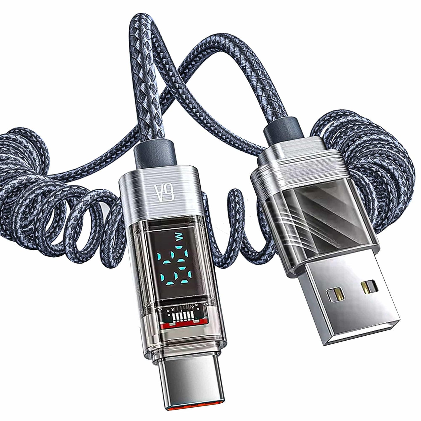 Cablu de Incarcare si Transfer de Date, Timebox, Fast Charge 66W, Display Digital, 1,8m, Nylon, USB la Type-C, Gri - 221.ro