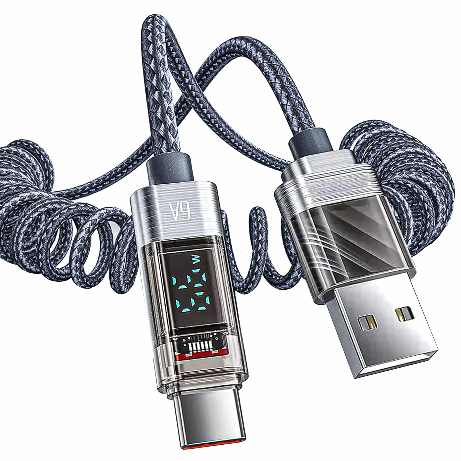 Cablu de Incarcare si Transfer de Date, Timebox, Fast Charge 66W, Display Digital, 1,8m, Nylon, USB la Type-C, Gri - 221.ro