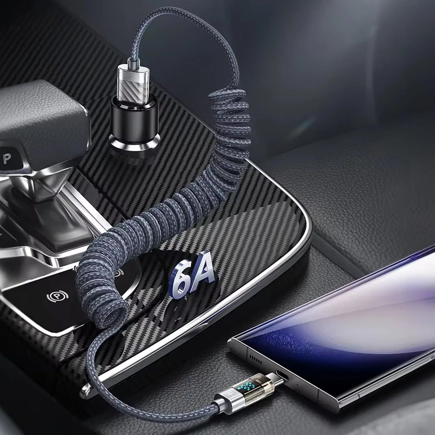 Cablu de Incarcare si Transfer de Date, Timebox, Fast Charge 66W, Display Digital, 1,8m, Nylon, USB la Type-C, Gri - 221.ro