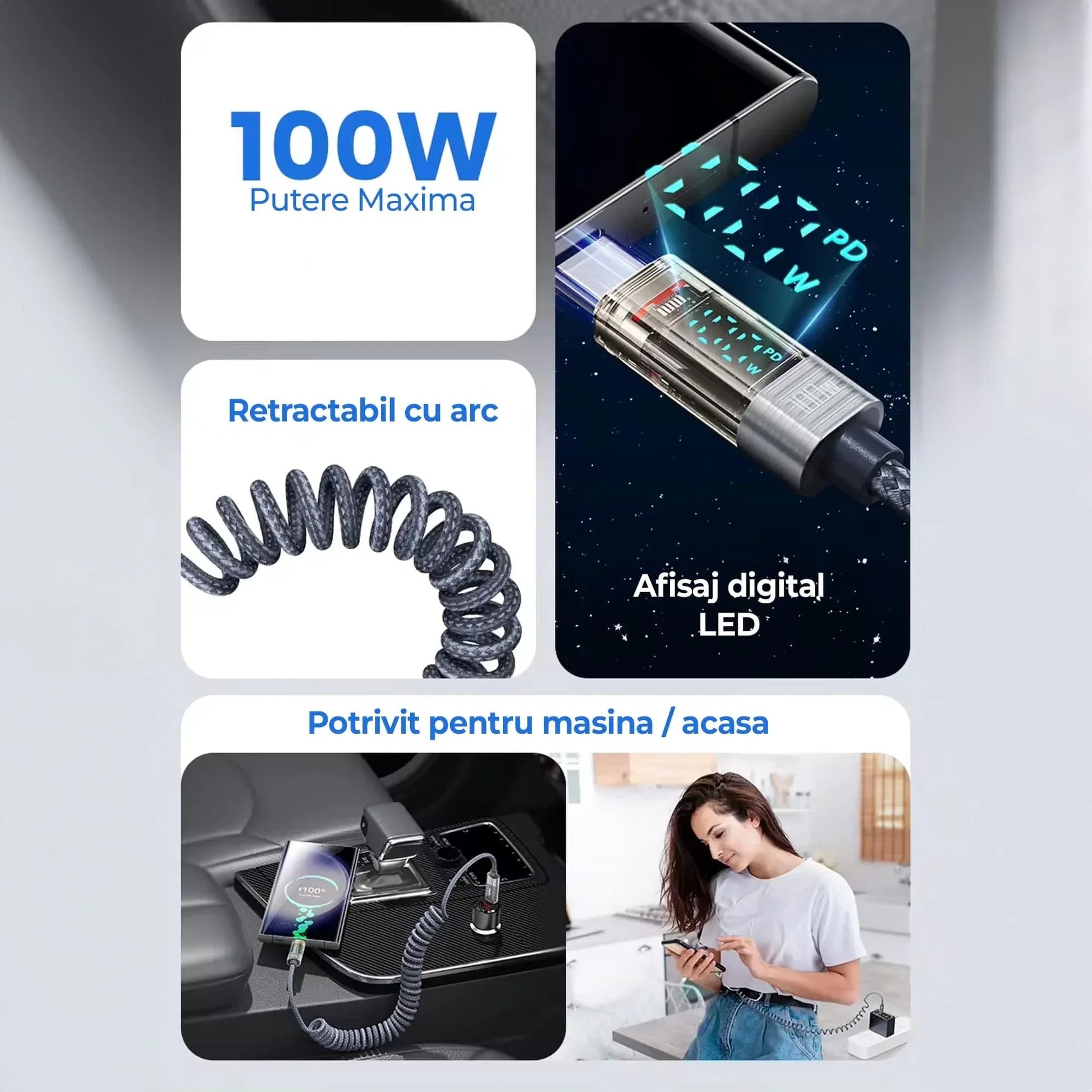 Cablu de Incarcare si Transfer de Date, Timebox, Fast Charge 66W, Display Digital, 1,8m, Nylon, USB la Type-C, Gri - 221.ro