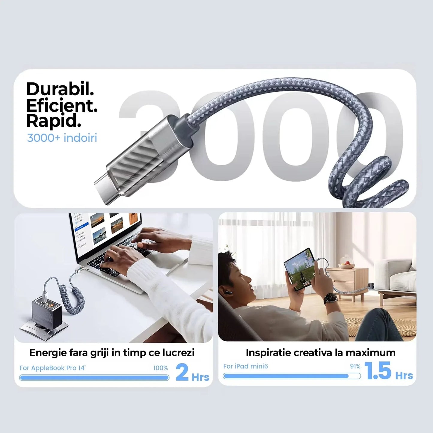 Cablu de Incarcare si Transfer de Date, Timebox, Fast Charge 66W, Display Digital, 1,8m, Nylon, USB la Type-C, Gri - 221.ro