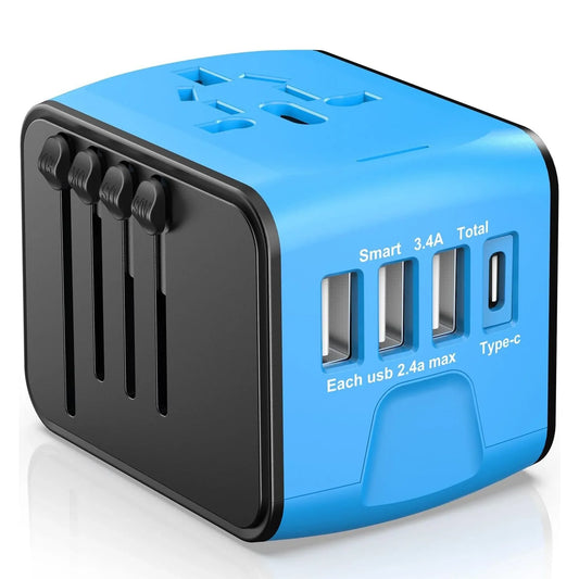 Adaptor incarcator universal priza de calatorie Timebox, 3 x USB, 1 x Type-C, Albastru