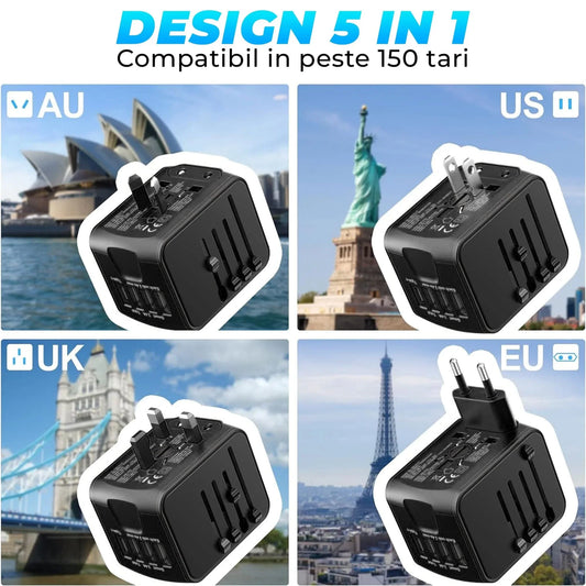 Adaptor incarcator universal priza de calatorie Timebox, 3 x USB, 1 x Type-C, Negru