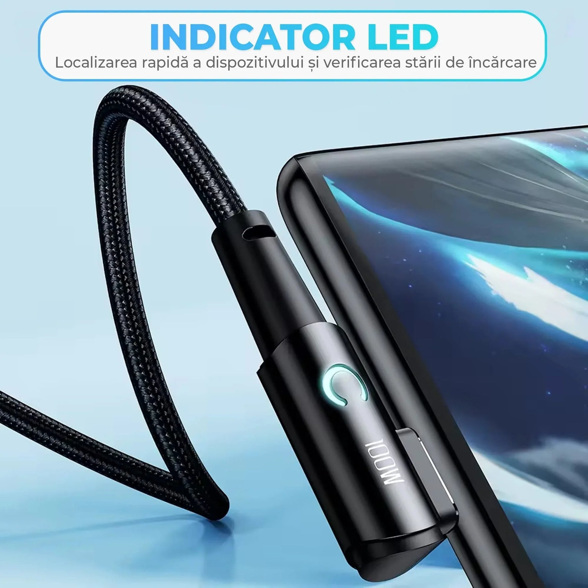 Cablu de Incarcare si Transfer de Date, Timebox, Fast Charge 100W, Unghi 90°, 480Mbps, 2m, LED Inteligent, USB-C la Type-C, Compatibil Macbook, Android, Samsung, Huawei, Xiaomi, Negru - 221.ro