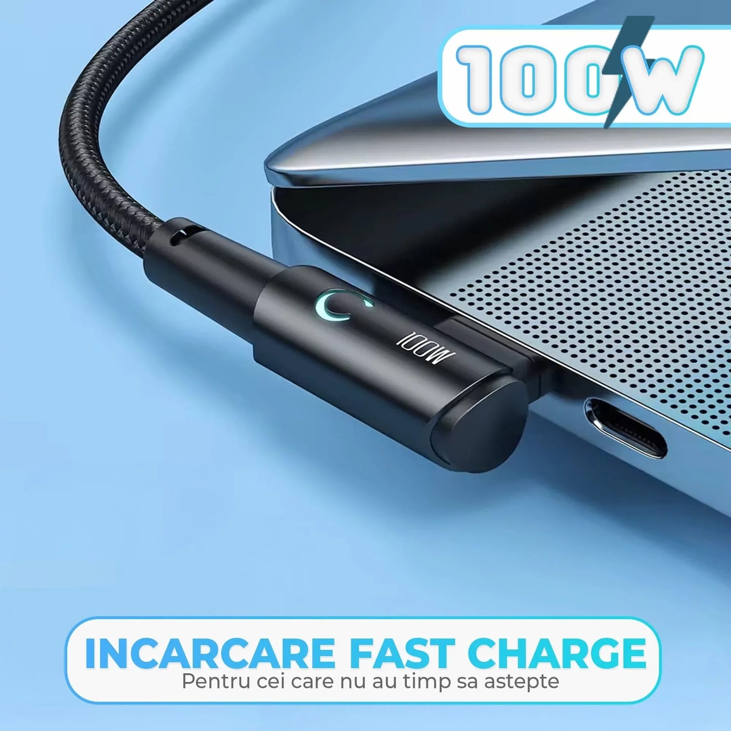 Cablu de Incarcare si Transfer de Date, Timebox, Fast Charge 100W, Unghi 90°, 480Mbps, 2m, LED Inteligent, USB-C la Type-C, Compatibil Macbook, Android, Samsung, Huawei, Xiaomi, Negru - 221.ro