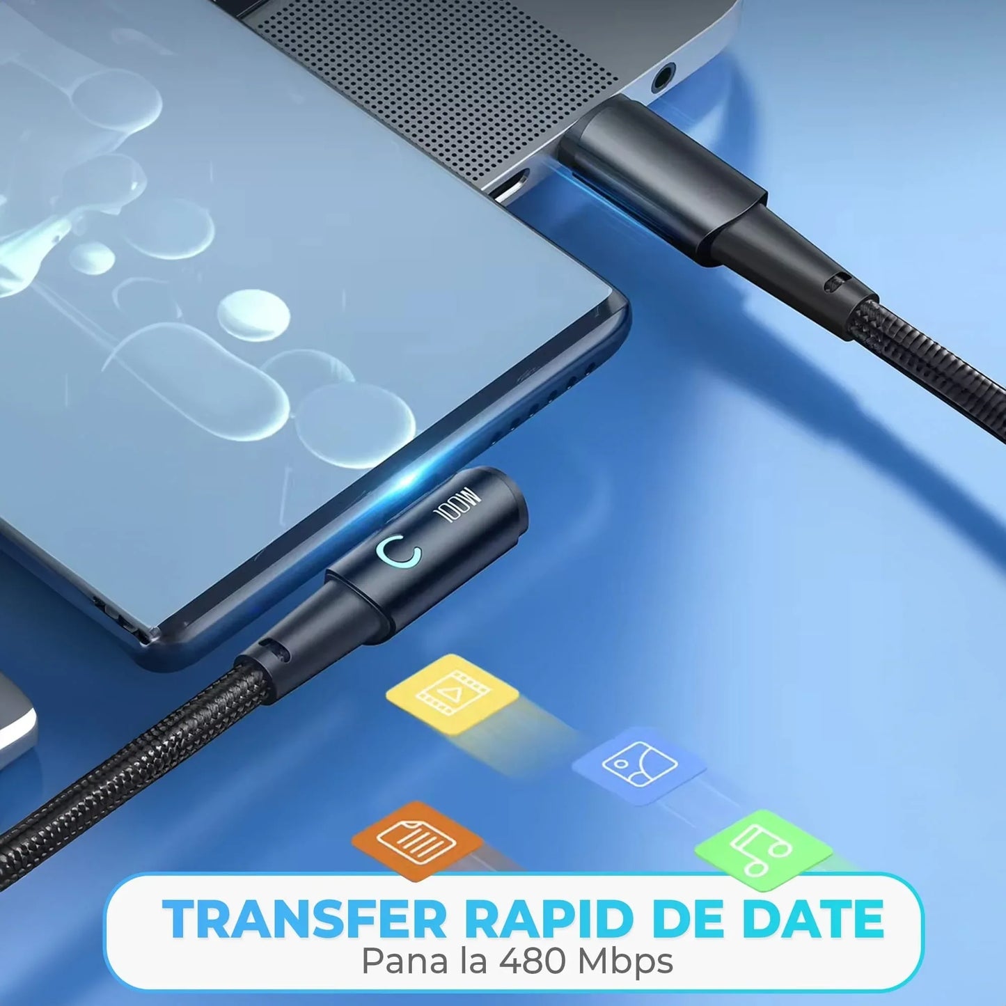 Cablu de Incarcare si Transfer de Date, Timebox, Fast Charge 100W, Unghi 90°, 480Mbps, 2m, LED Inteligent, USB-C la Type-C, Compatibil Macbook, Android, Samsung, Huawei, Xiaomi, Negru - 221.ro