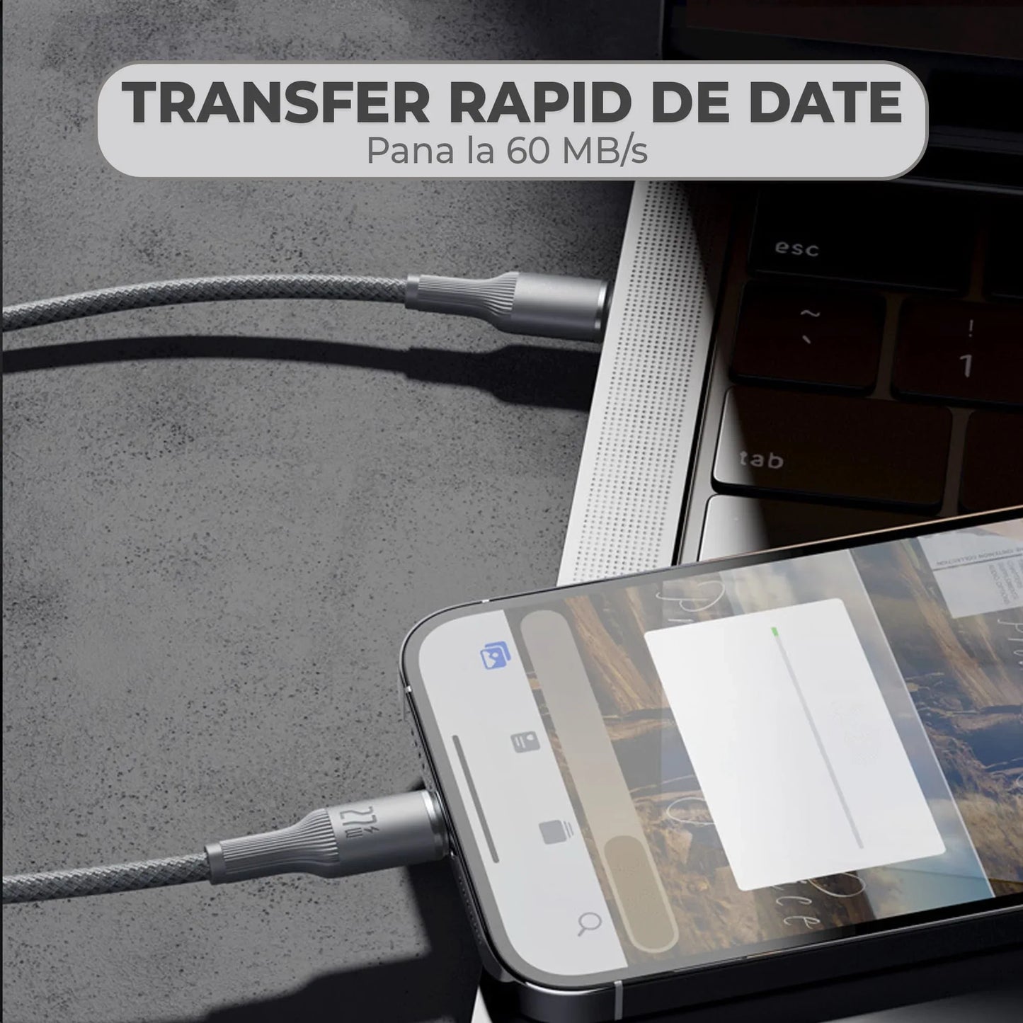 Cablu de Incarcare si Transfer de Date, Timebox, Fast Charge 27W, 480Mbps, 1,8m, USB-C la Lightning, Negru - 221.ro