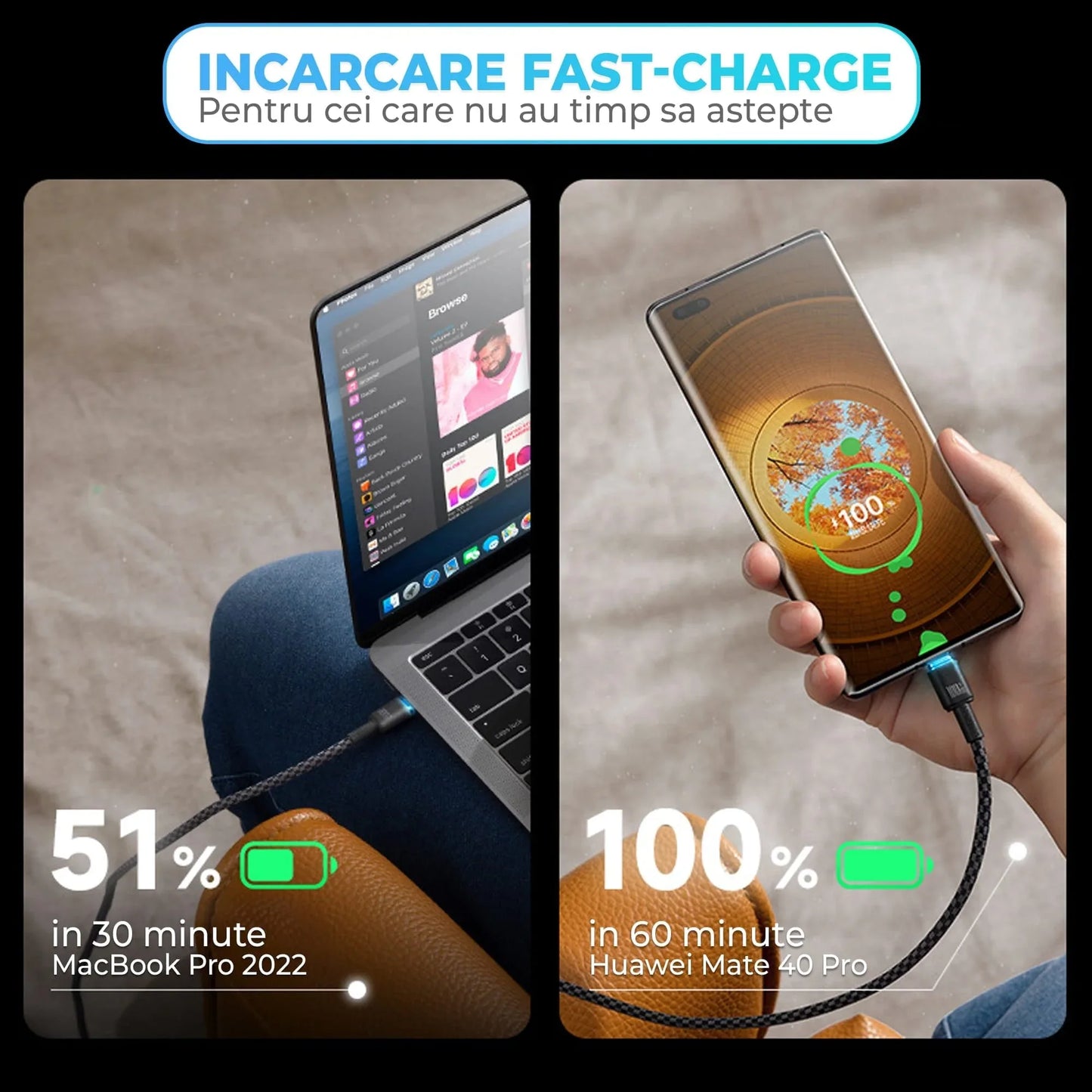 Cablu de Incarcare si Transfer de Date 100W Timebox, USB-C la Type-C, 2m, Negru