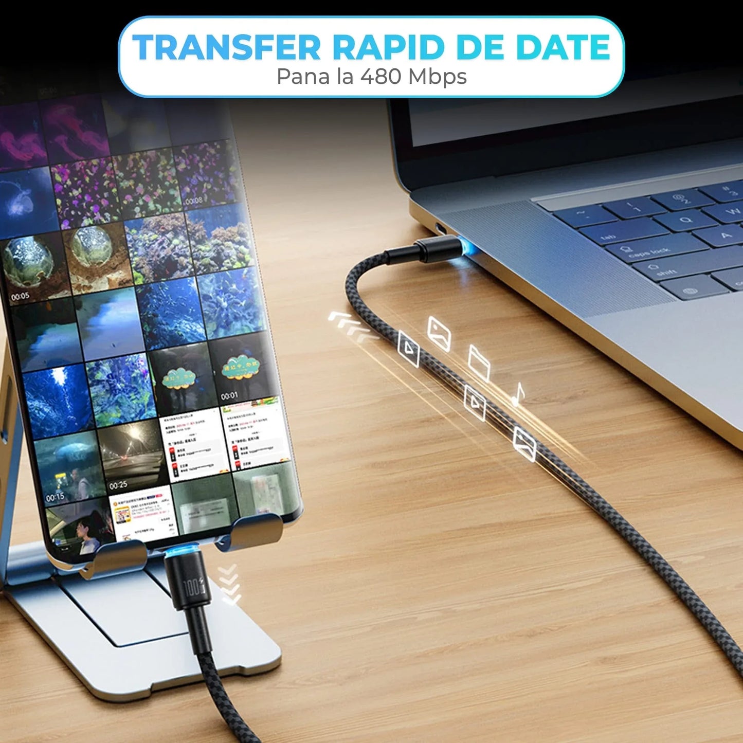 Cablu de Incarcare si Transfer de Date 100W Timebox, USB-C la Type-C, 2m, Negru
