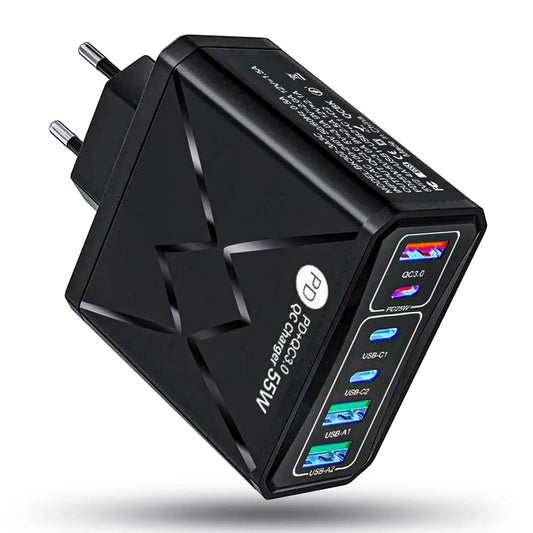 Incarcator Retea Timebox, 6 Porturi, 55W, 3 x Type-C, 2 x USB, 1 x Q, C 3, Negru