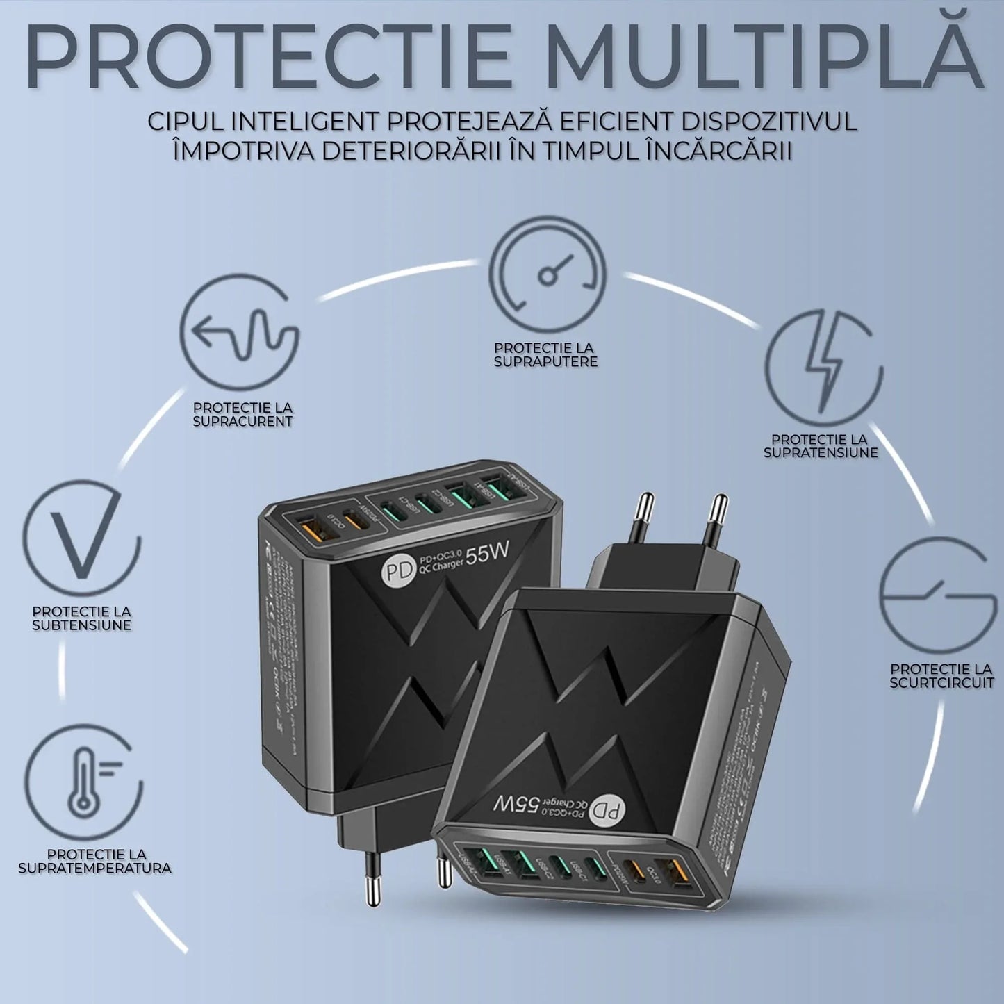 Incarcator Retea Timebox, 6 Porturi, 55W, 3 x Type-C, 2 x USB, 1 x Q, C 3, Negru