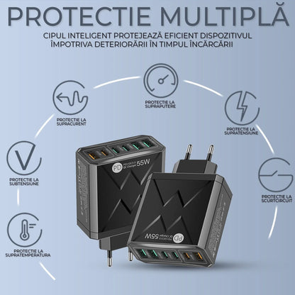 Incarcator Retea Timebox, 6 Porturi, 55W, 3 x Type-C, 2 x USB, 1 x Q, C 3, Negru