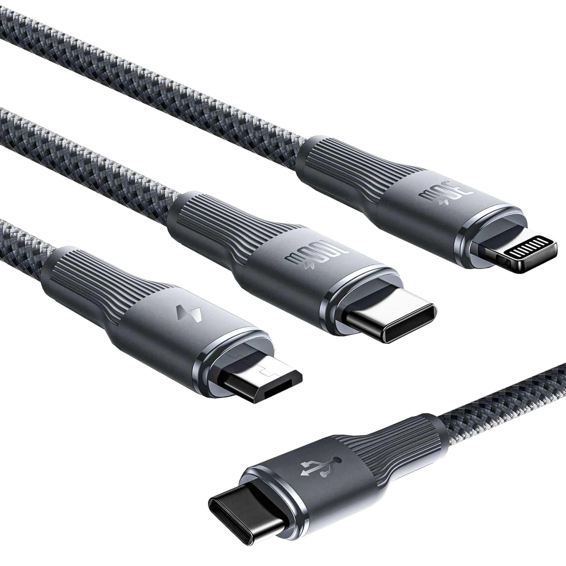 Cablu de Incarcare 3 in 1, Timebox, Fast Charge 100W, 1,5m, USB-C la Type-C, Lightning, MicroUSB, Negru - 221.ro