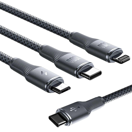 Cablu de Incarcare 3 in 1, Timebox, Fast Charge 100W, 1,5m, USB-C la Type-C, Lightning, MicroUSB, Negru - 221.ro