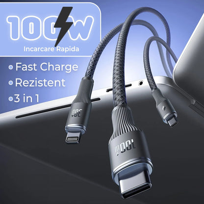 Cablu de Incarcare 3 in 1, Timebox, Fast Charge 100W, 1,5m, USB-C la Type-C, Lightning, MicroUSB, Negru - 221.ro