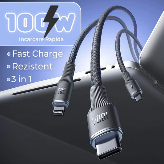 Cablu de Incarcare 3 in 1, Timebox, Fast Charge 100W, 1,5m, USB-C la Type-C, Lightning, MicroUSB, Negru - 221.ro