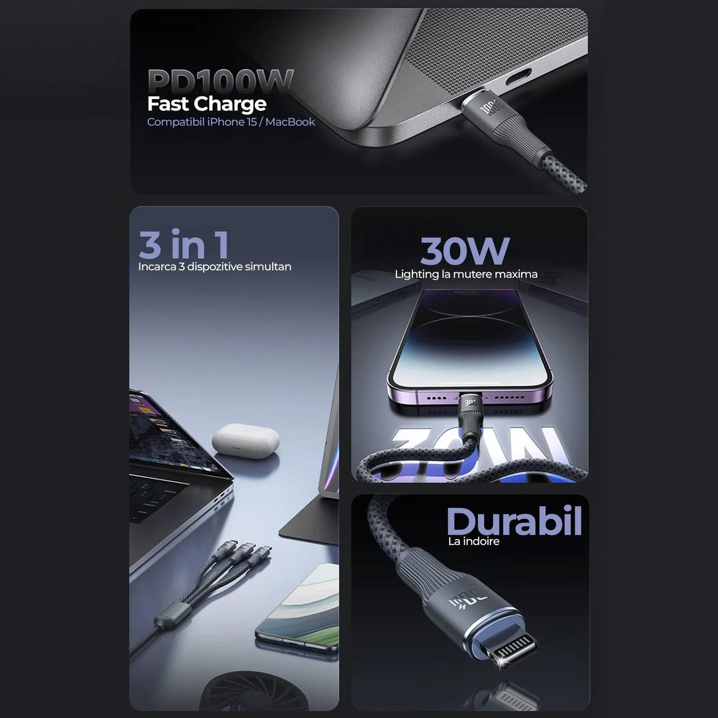 Cablu de Incarcare 3 in 1, Timebox, Fast Charge 100W, 1,5m, USB-C la Type-C, Lightning, MicroUSB, Negru - 221.ro