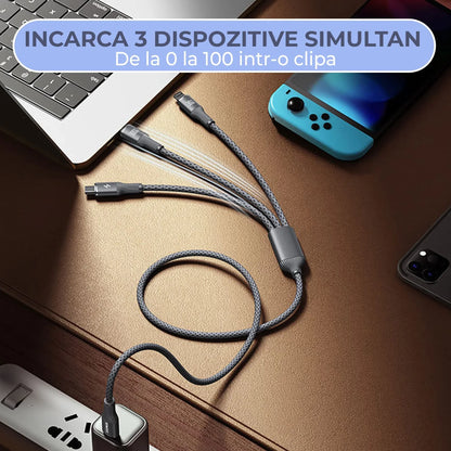 Cablu de Incarcare 3 in 1, Timebox, Fast Charge 100W, 1,5m, USB-C la Type-C, Lightning, MicroUSB, Negru - 221.ro