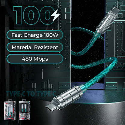 Cablu de Incarcare si Transfer de Date 100W, Timebox, Fast Charge, 480Mbps, 1m, USB-C la Type-C, Turcoaz - 221.ro