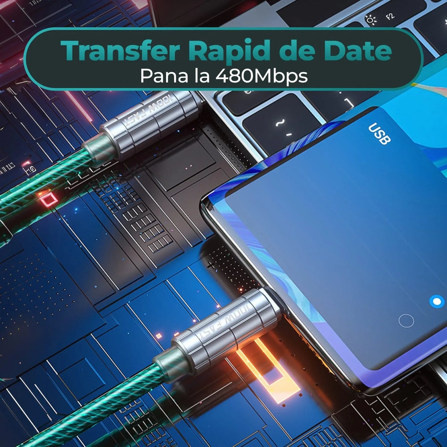 Cablu de Incarcare si Transfer de Date 100W, Timebox, Fast Charge, 480Mbps, 1m, USB-C la Type-C, Turcoaz - 221.ro