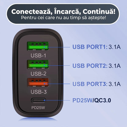 Incarcator Retea Timebox, 4 Porturi, 40W, 1 x Type-C, 3 x USB, Negru