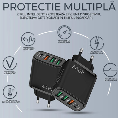 Incarcator Retea Timebox, 4 Porturi, 40W, 1 x Type-C, 3 x USB, Negru