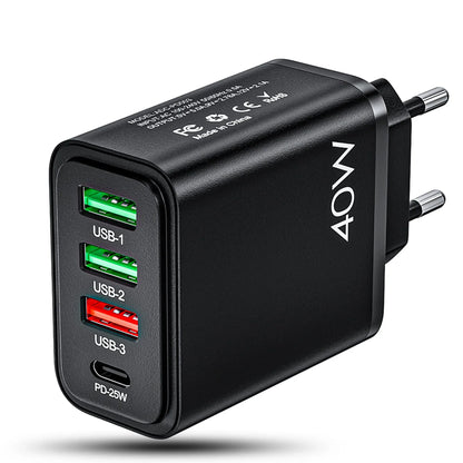 Incarcator Retea Timebox, 4 Porturi, 40W, 1 x Type-C, 3 x USB, Negru