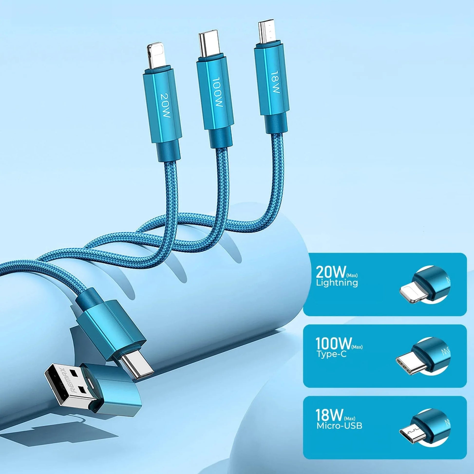 Cablu de Incarcare 6 in 1, Timebox, Fast Charge 100W, 1m, USB si USB-C la Type-C, Lightning, MicroUSB, Turcoaz - 221.ro