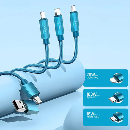 Cablu de Incarcare 6 in 1, Timebox, Fast Charge 100W, 1m, USB si USB-C la Type-C, Lightning, MicroUSB, Turcoaz - 221.ro