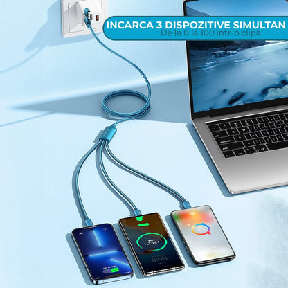 Cablu de Incarcare 6 in 1, Timebox, Fast Charge 100W, 1m, USB si USB-C la Type-C, Lightning, MicroUSB, Turcoaz - 221.ro