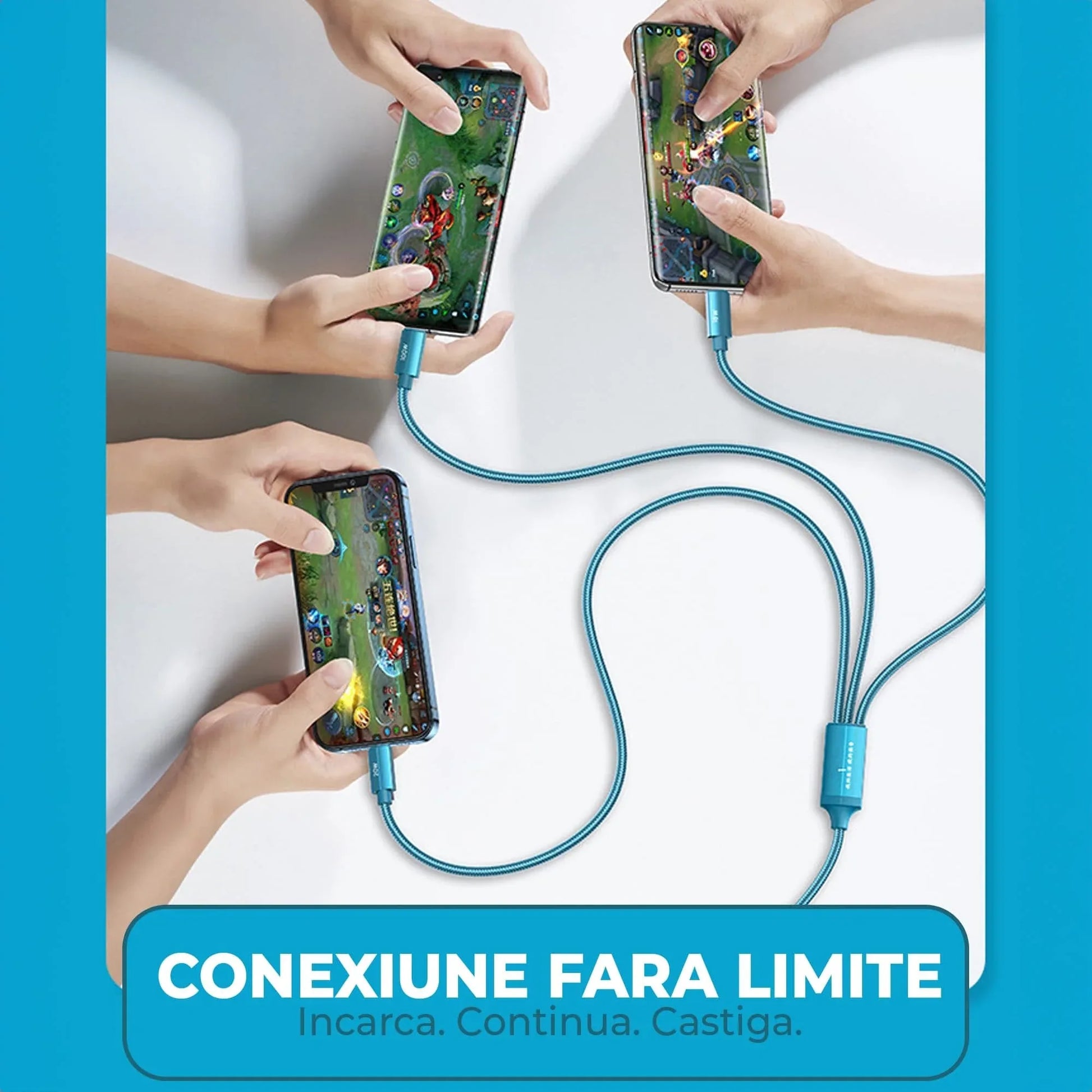 Cablu de Incarcare 6 in 1, Timebox, Fast Charge 100W, 1m, USB si USB-C la Type-C, Lightning, MicroUSB, Turcoaz - 221.ro