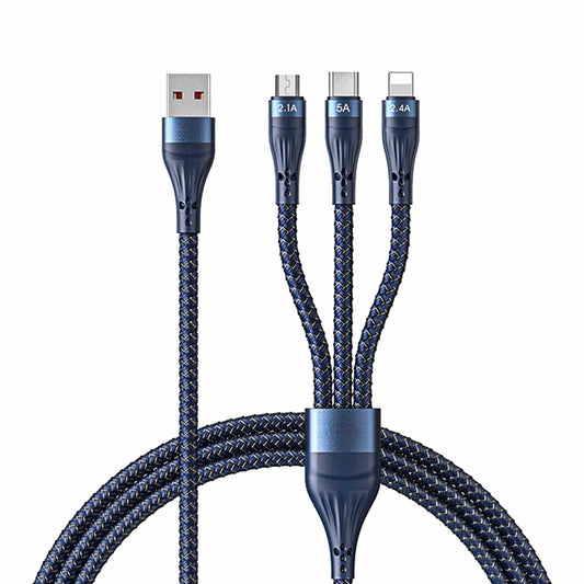 Cablu de Incarcare 3 in 1 Timebox, Fast Charge 40W, 1,2m, USB la Type-C, Lightning, MicroUSB Compatibil Macbook, iPhone, Airpods, Android, Samsung, Huawei, Xiaomi, Albastru - 221.ro