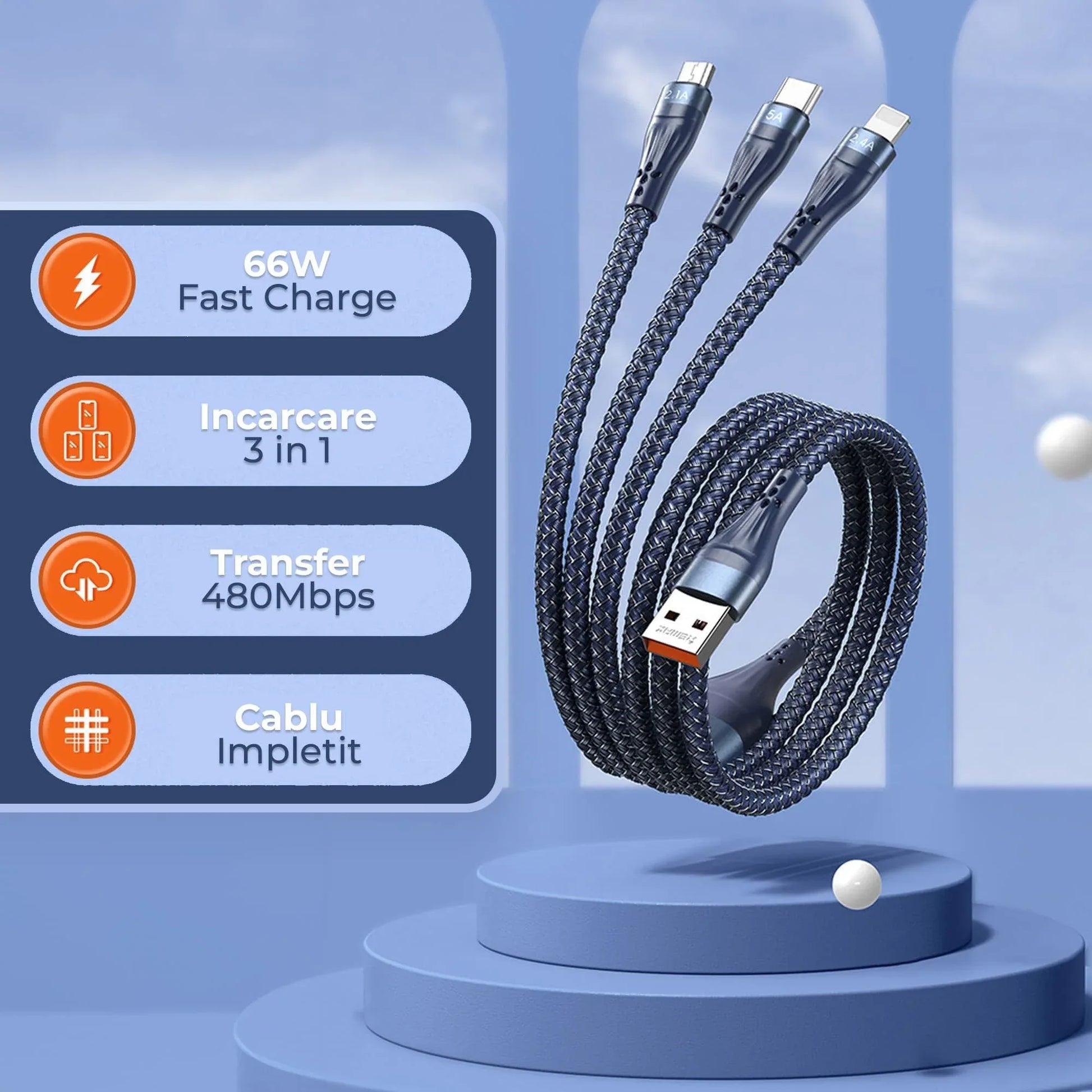 Cablu de Incarcare 3 in 1 Timebox, Fast Charge 40W, 1,2m, USB la Type-C, Lightning, MicroUSB Compatibil Macbook, iPhone, Airpods, Android, Samsung, Huawei, Xiaomi, Albastru - 221.ro