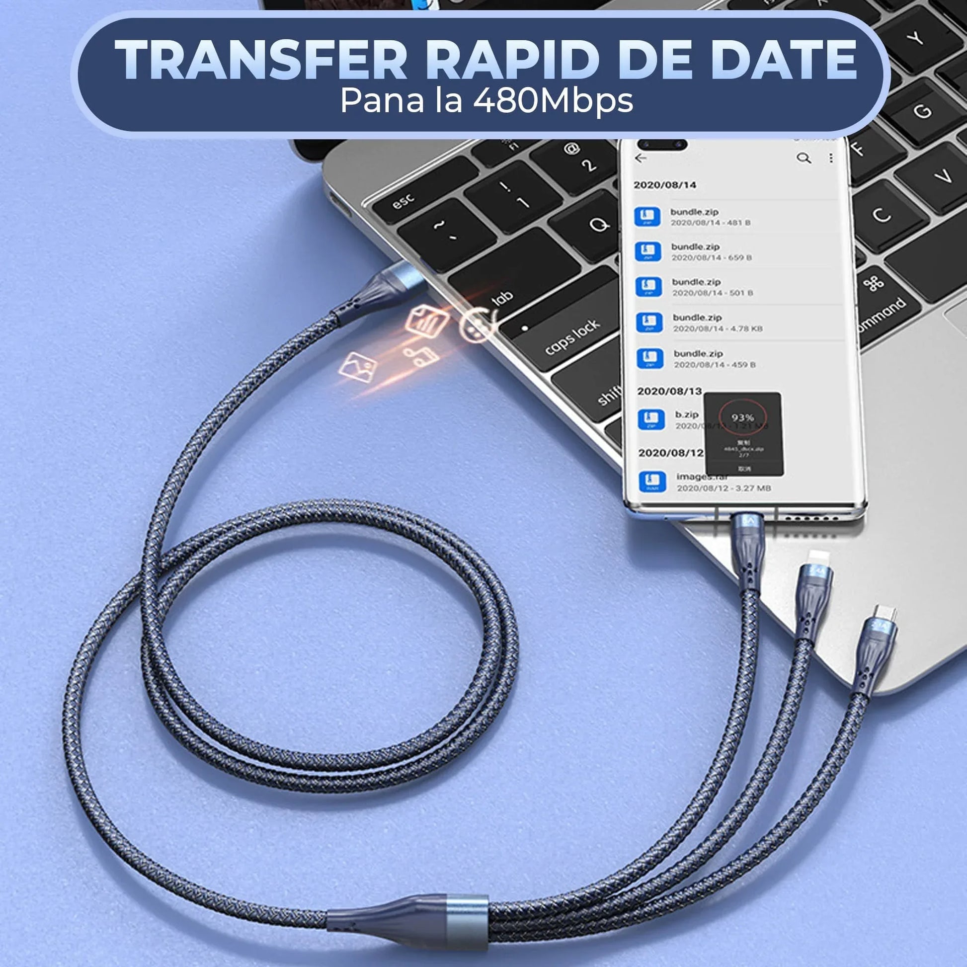 Cablu de Incarcare 3 in 1 Timebox, Fast Charge 40W, 1,2m, USB la Type-C, Lightning, MicroUSB Compatibil Macbook, iPhone, Airpods, Android, Samsung, Huawei, Xiaomi, Albastru - 221.ro