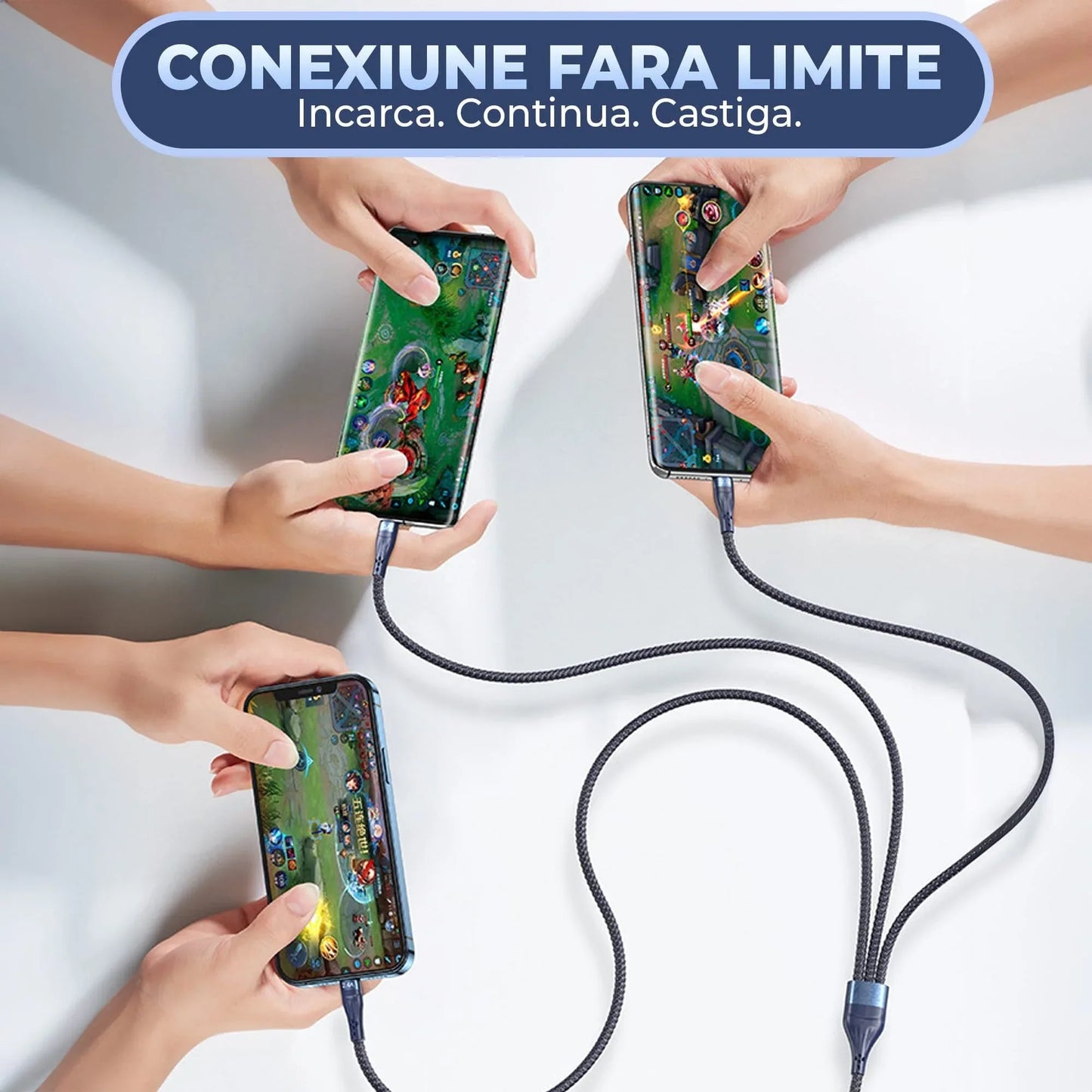 Cablu de Incarcare 3 in 1 Timebox, Fast Charge 40W, 1,2m, USB la Type-C, Lightning, MicroUSB Compatibil Macbook, iPhone, Airpods, Android, Samsung, Huawei, Xiaomi, Albastru - 221.ro