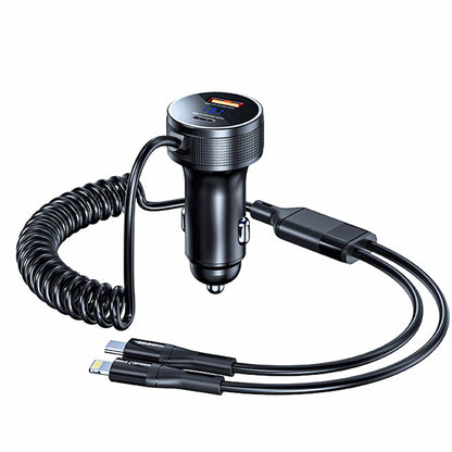 Incarcator auto Timebox, Super Fast-Charge 52,5W, 1 x USB QC 3,0, 1 x USB-C, 1 x Cablu Spiralat Lightning, 1 x Type-C, LED Inteligent, Universal, Negru - 221.ro