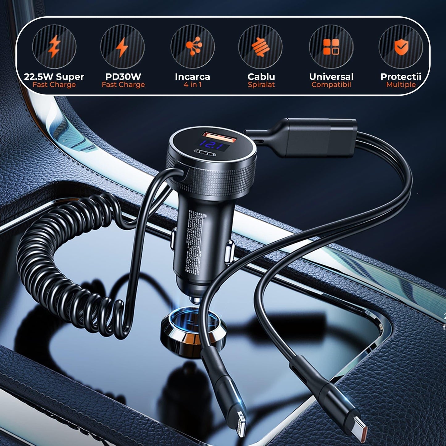 Incarcator auto Timebox, Super Fast-Charge 52,5W, 1 x USB QC 3,0, 1 x USB-C, 1 x Cablu Spiralat Lightning, 1 x Type-C, LED Inteligent, Universal, Negru - 221.ro